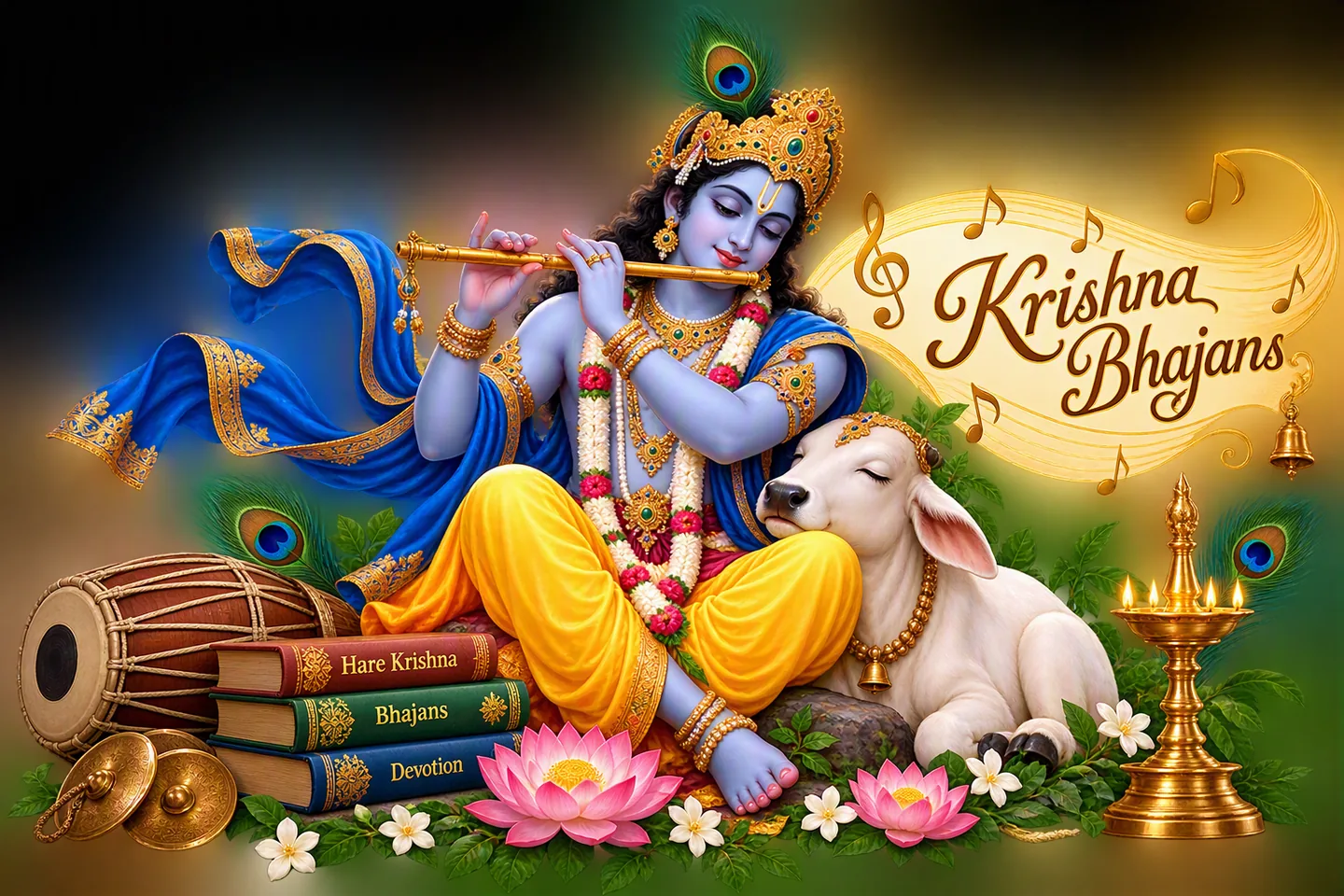 Lord Krishna playing the flute beside a calf and devotional instruments