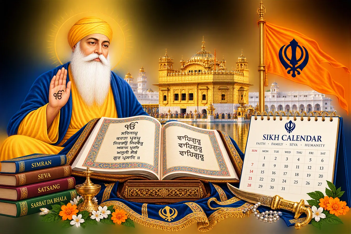 Guru Nanak, the Golden Temple, the Nishan Sahib, scripture, and a Sikh calendar