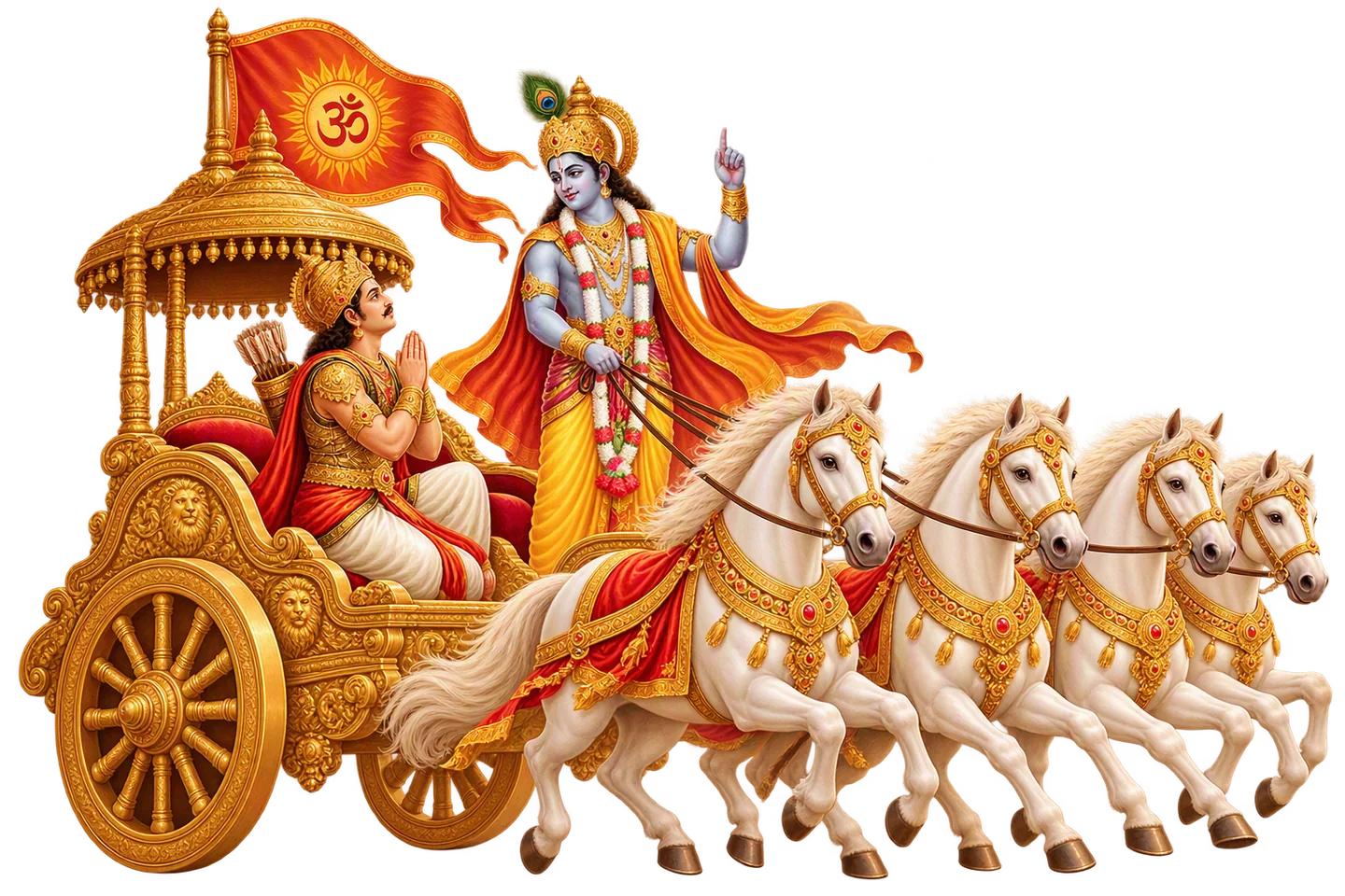 Lord Krishna guiding Arjuna on a chariot drawn by four white horses