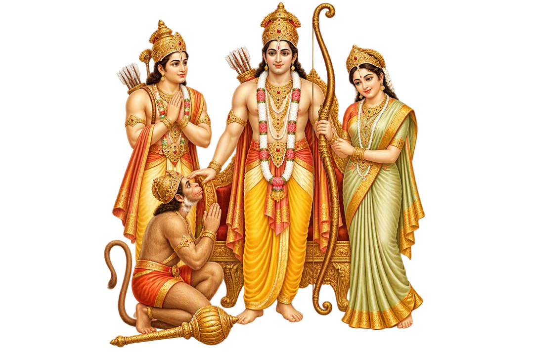 Lord Rama standing with Sita and Lakshmana as Hanuman kneels in devotion